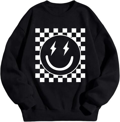 SHENHE Girl's Checkered Sweatshirt Smile Face Graphic Crew Neck Cute Sweatshirt Pullover Top in Saudi Arabia