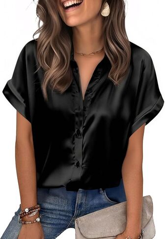 Zeagoo Womens Satin Blouse Short Sleeve Silk Tops Button Down Shirts Business Casual Outfits in Saudi Arabia
