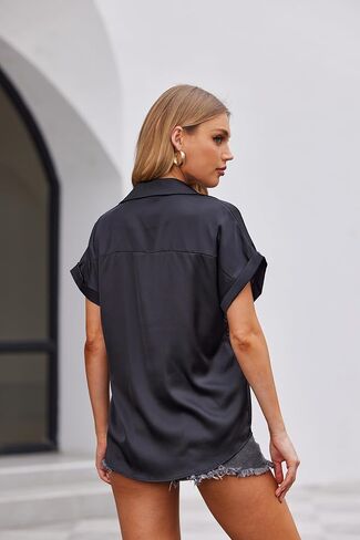 Zeagoo Womens Satin Blouse Short Sleeve Silk Tops Button Down Shirts Business Casual Outfits in Saudi Arabia