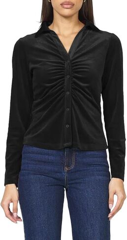 DEAR JOHN Romy Velvet Shirt Women’s Long Sleeve Button Down Ruched Front Classic Fit Blouse in Saudi Arabia