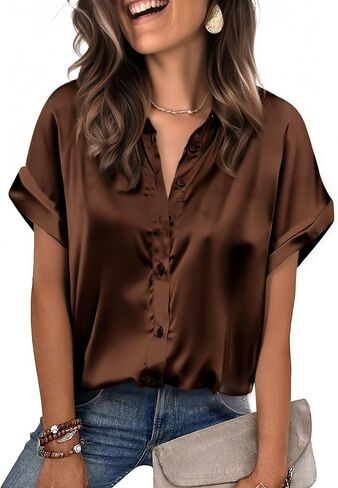 Zeagoo Womens Satin Blouse Short Sleeve Silk Tops Button Down Shirts Business Casual Outfits in Saudi Arabia
