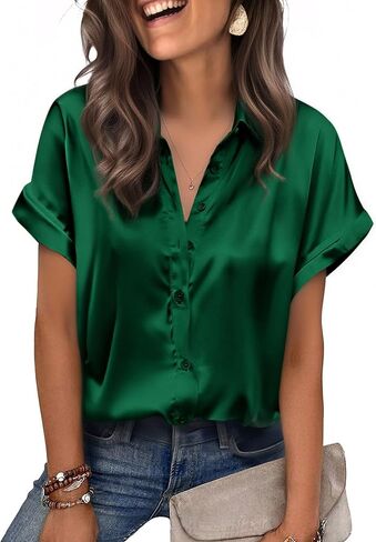 Zeagoo Womens Satin Blouse Short Sleeve Silk Tops Button Down Shirts Business Casual Outfits in Saudi Arabia