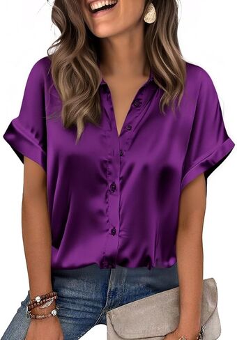 Zeagoo Womens Satin Blouse Short Sleeve Silk Tops Button Down Shirts Business Casual Outfits in Saudi Arabia