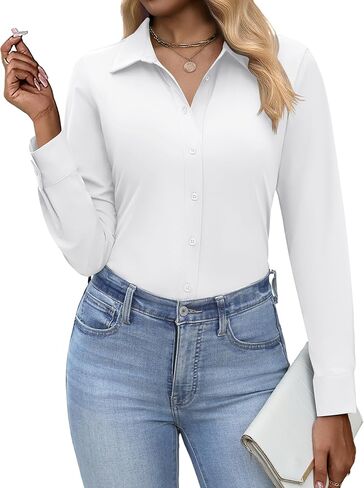 HOTOUCH Button Down Shirts for Women Long Sleeve Stretch Dress Shirts Wrinkle-Free Work Blouses Slim Fit Office Tops in Saudi Arabia
