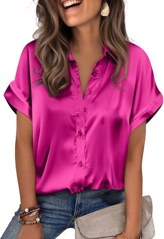 Zeagoo Womens Satin Blouse Short Sleeve Silk Tops Button Down Shirts Business Casual Outfits in Saudi Arabia