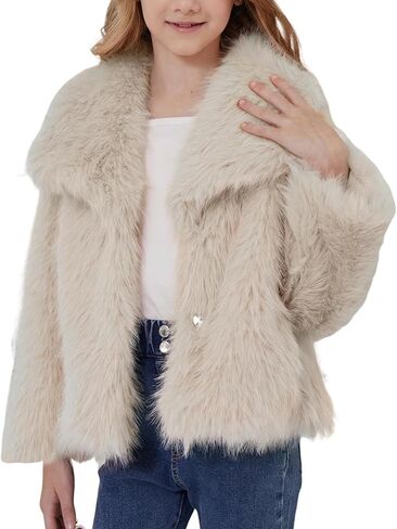 Yimoon Girls Faux Fur Coat Fluffy Long Sleeve Lapel Kids Jackets Warm Winter Shaggy Outwear with Pockets in Saudi Arabia