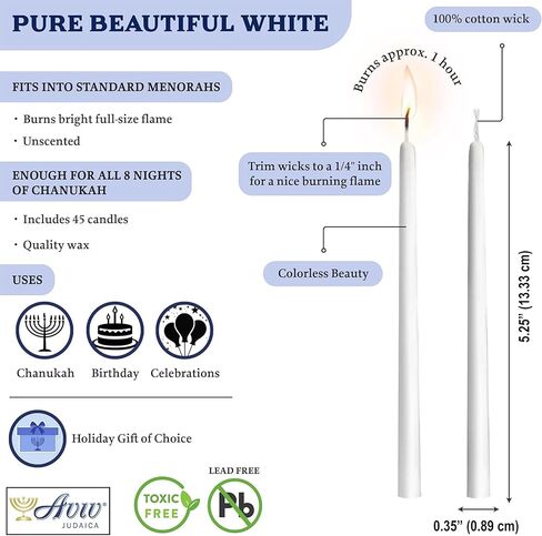 5.25" Premium Dripless Hanukkah Candle Bundle of 45 Solid White Tapered Candles for Standard Chanukah Menorahs Birthday Party Celebration Candles for 8 Nights of Hanukah W/DIY Dreidel in Saudi Arabia
