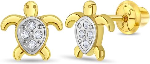 14k Yellow Gold Clear Cubic Zirconia Sea Turtle Safety Screw Back Earrings - Nautical Sea Life Turtle Earrings For Ocean Loving Children in Saudi Arabia
