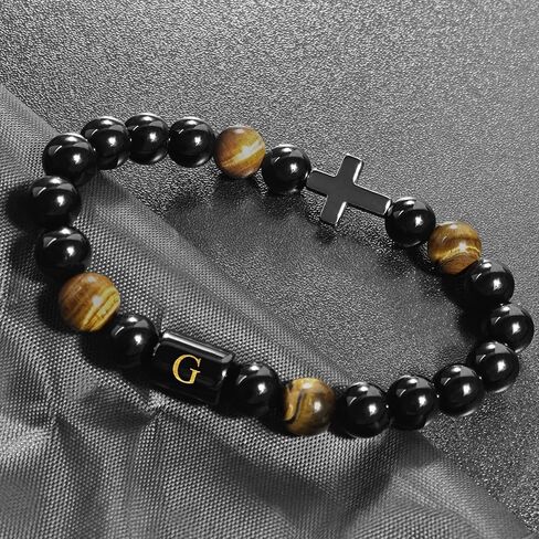 Initials Bracelets for Men Letters Bracelet Natural Tiger Eye Black Onyx Beaded Stretch Bracelet Handmade Jewelry Gift for Men in Saudi Arabia