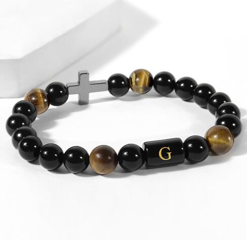 Initials Bracelets for Men Letters Bracelet Natural Tiger Eye Black Onyx Beaded Stretch Bracelet Handmade Jewelry Gift for Men in Saudi Arabia