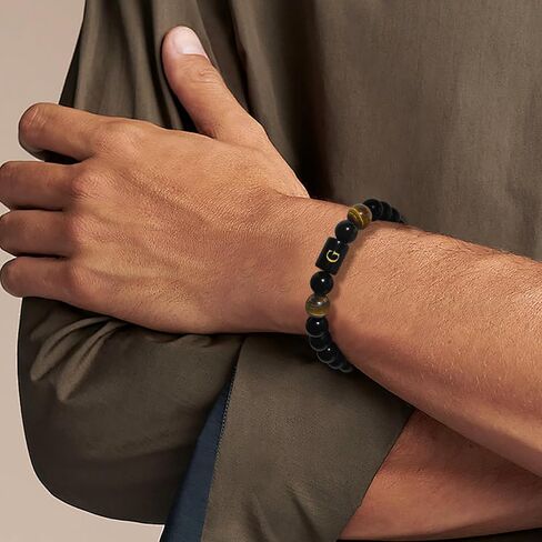 Initials Bracelets for Men Letters Bracelet Natural Tiger Eye Black Onyx Beaded Stretch Bracelet Handmade Jewelry Gift for Men in Saudi Arabia