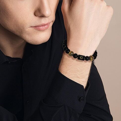 Initials Bracelets for Men Letters Bracelet Natural Tiger Eye Black Onyx Beaded Stretch Bracelet Handmade Jewelry Gift for Men in Saudi Arabia