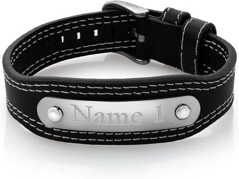 Gem Stone King Men's Engravable Personalized Stainless Steel and Black Leather ID Bracelet (Length 8.5 Inch, Width 22MM, With Adjustable Watch Clasp) in Saudi Arabia