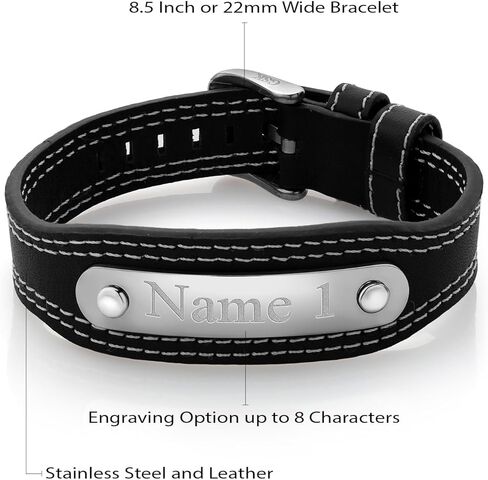 Gem Stone King Men's Engravable Personalized Stainless Steel and Black Leather ID Bracelet (Length 8.5 Inch, Width 22MM, With Adjustable Watch Clasp) in Saudi Arabia