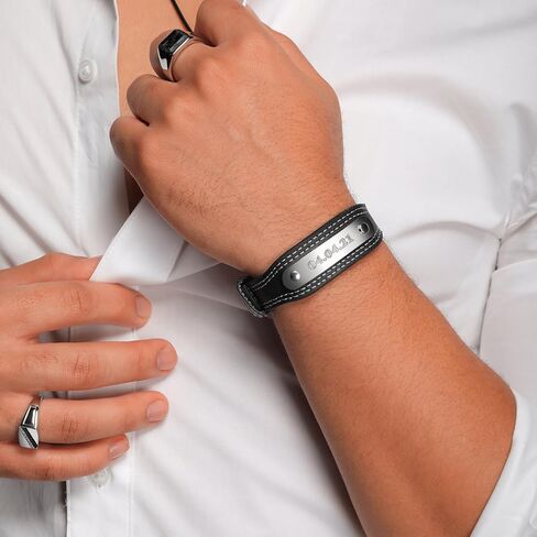 Gem Stone King Men's Engravable Personalized Stainless Steel and Black Leather ID Bracelet (Length 8.5 Inch, Width 22MM, With Adjustable Watch Clasp) in Saudi Arabia