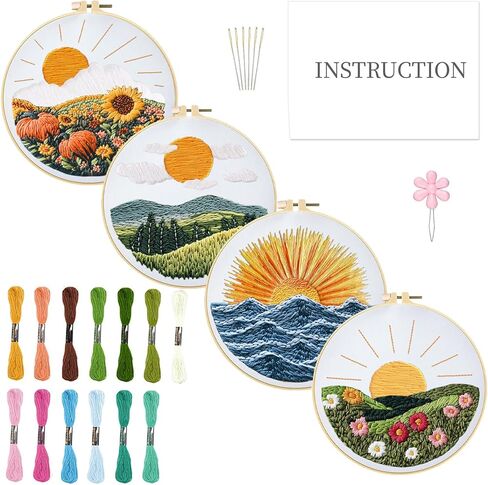 INFUNLY 4 Sets DIY Insect Pattern Embroidery Kits for Starter 11.8"×11.8" Flowers Plants Embroidery Hoop kit Handmade Bees Embroidery Kits Moth Needlepoint Kit with Instruction for Adults Beginners in Kuwait