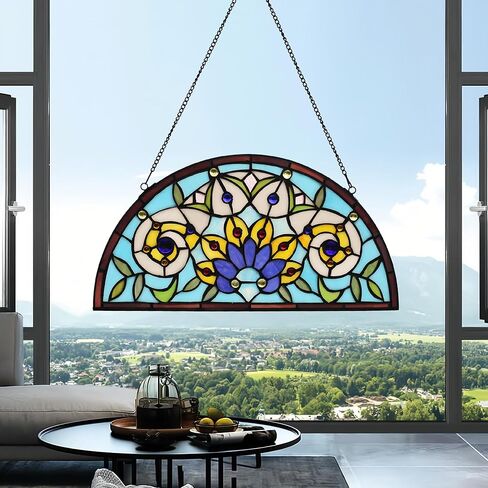 YOURANJU Half Moon Stained Glass Window Hanging Tiffany Style 16" x 8" Half-Round Window Panel Housewarming Gift Living Room Bedroom Kitchen Window Decorative Hangings with Chain (Flower) in Saudi Arabia