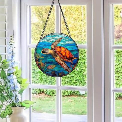 Sea Turtles Stained Window Hanging, 11.81 in Large Acrylic Suncatcher Window Panel Double-Sided Marine Animals Wall Decor for Cafe Home, Gift for Mom, Grandma, Wife, Teacher, Ocean Lover (Blue-2) in Saudi Arabia