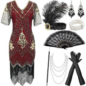Kamspom Women's V-neck Dresses 8-piece set 1920s Fringed Sequin Dress with 20s Accessories -20s Accessories Set