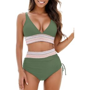 Zuvebamyo Women's High Waisted Bikini Sets Two Piece Tummy Control Swimsuit Color Block Bathing Suits