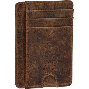 LEATHER VILLAGE Front Pocket Minimalist Leather Slim Wallet RFID Blocking Medium Size- Black