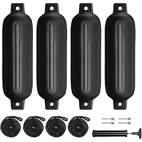 Sailortenx Boat Fenders 4Pack 4.5"/5.5."/6.5"/8.5" Inflatable Ribbed Marine Boat Fender with Fender Lines 6.5ft Needles and Pump for Twin Eyes Boat Fender Bumpers for Docking Fenders Use to Yacht Etc