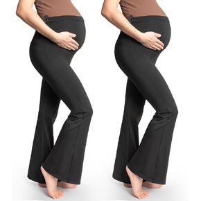 Maternity Leggings Yoga Flare Pants, 2Pk Pregnancy Leggings for Women Over The Belly - Comfortable Maternity Work Pants