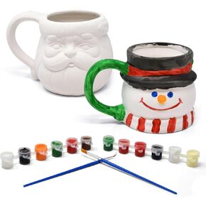 Gift Boutique Set of 2 Ceramic Christmas Santa Snowman Mugs Paint Craft Kit Unpainted Ceramics Plaster for Adults Kids Classroom Art Project Xmas Favors Party Decoration Paint & Brushes Included