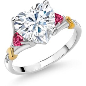 Gem Stone King 925 Silver and 10K Yellow Gold White Moissanite Pink Tourmaline & Diamond Engagement Ring For Women | 4.04 Cttw | Heart Shape 10MM | Gemstone Birthstone | Size 5,6,7,8,9