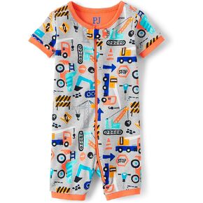 The Children's Place Baby Boy's and Toddler Snug Fit 100% Cotton Short Sleeve Zip-Front One Piece Footless Pajama, Construction Print