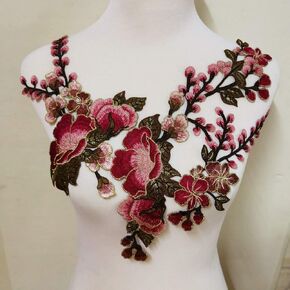 3pcs Flower Patch Embroidered Garment Appliques Sew on Patches Clothes Cheongsam Wedding Dress Accessory (Red A)