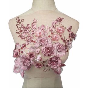 Teal Grey White Lace Fabric 3D Flowers Patches Beads Sequin Appliques Embroidery Mesh Sew Patch for Wedding Evening Dress Decoration DIY (Gray)