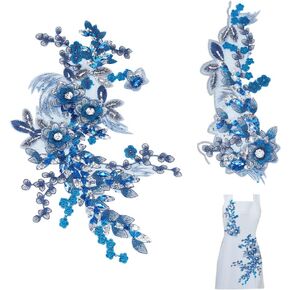 BENECREAT 2pcs 3D Blue Flowers Beads Patches, Embroidery Lace Trims with Sequins Rhinestone Patch for DIY Wedding Dress, Clothes Accessories