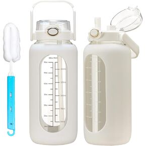 chunmo 64oz Glass Water Bolttles with Straw Half Gallon Large Motivational Water Bottle with Time Marker Sports Water Bottles with Silicone Sleeve and Handle Lid Water Jug for Gym Workout