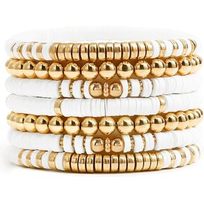 EMUFOOK Gold Beaded Bracelets for Women and Men Bohemian Friendship Bracelets Clay Bracelets Vinyl Disc Stretch Layering Stackable Bead Bracelets Summer Surfer Heishi Beach Jewelry Kit