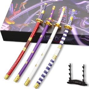 4 Piece Set Roronoa Zoro Small Keychain Swords with Display Stand 9.25in Zoro Mini Sword Set,Use for Letter Opener,Keychain and Decoration