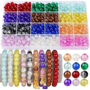 LEOBRO Crackle Glass Beads for Jewelry Making, 8MM Beads for Bracelets, Circle Crystal Bead Set, Crackle Glass Beads for Jewelry Making, Bulk Bracelet Bead Bracelet Making Kit, DIY Crafts, 480PCS