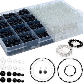 2140 قطعة من الخرز الزجاجي الأسود والشفاف من LLchunyun لصنع الأساور 4 مم 6 مم 8 مم خرز زجاجي أسود شفاف مستدير لصنع المجوهرات للفتيات مجموعة خرز أساور الصداقة in Kuwait