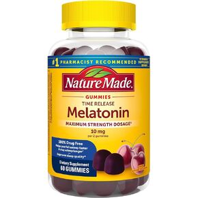 Nature Made Time Release Melatonin 10mg Per Serving Gummies, Maximum Strength Dosage, 100% Drug Free Sleep Aid for Adults, 60 Melatonin Gummies, 30 Day Supply