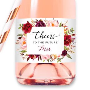 Set of 12 Burgundy Pink Floral Bridal Shower Mini Champagne Bottle Labels, WATERPROOF Polyester Mini Wine Bottle Labels, Cheers to the Future Mrs, Bachelorette Party