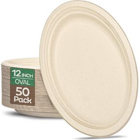 100% Compostable Oval Paper Plates [50-Pack] - {PFAS-Free} - {BPI Certified} - [12 Inch] Heavy Duty, Eco-Friendly, Biodegradable Bagasse Platters - Natural Brown 12" Oval Platter Plates by Stack Man