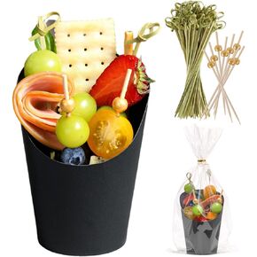 60 Sets Disposable Charcuterie Cups with Sticks and Bags, 14 oz Brown Kraft Paper Snack Boxes Appetizers Cup French Fry Holder with Cocktail Skewers Toothpicks Tooth Picks(60 Cups+60 Bags+200 Sticks)