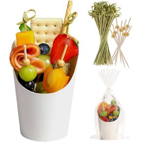 60 Sets Disposable Charcuterie Cups with Sticks and Bags, 14 oz Brown Kraft Paper Snack Boxes Appetizers Cup French Fry Holder with Cocktail Skewers Toothpicks Tooth Picks(60 Cups+60 Bags+200 Sticks)