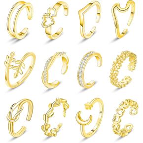 Zankulas 12PCS Adjustable Toe Rings for Women Heart Leaf Arrow Open Toe Ring Set Knuckle Midi Tail Ring Women Summer Beach Foot Jewelry Set