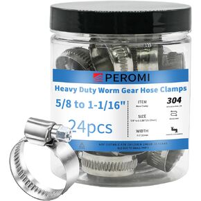 Hose Clamps, PEROMI 304 Stainless Steel Worm Gear Drive Mini Hose Clamp Adjustable Range 5/8" to 1-1/16", Heavy Duty Metal Fuel Line Pipe Clamp for Plumbing, Automotive And Mechanical, 24pcs