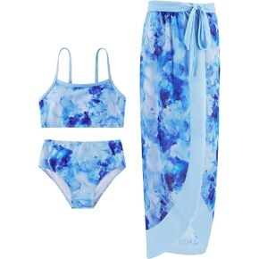ESHOO Girls Swimsuit 3 Piece Bikinis Sets with Cover Up Skirt Wrap Bathing Suit Kids Summer Beach Swimwear for Teen Girls