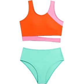Milumia Girl's 2 Piece Swimsuits Color Block Cut Out Sport Swimwear Bathing Suits