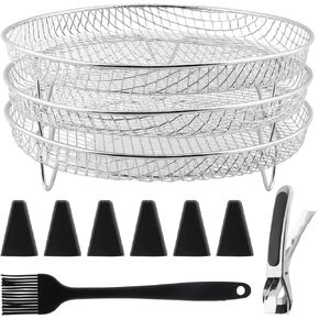 Air Fryer Accessories, 3 Layer Stackable Dehydration Racks, Stainless Steel Air Fryer Basket Tray Dehydration Rack with Oil Brush, Food Clip and Heightening Feet(as shown)