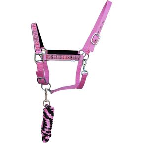 CHALLENGER Horse Nylon Neoprene Comfort Adjustable Halter w/Lead Pink 606204PK