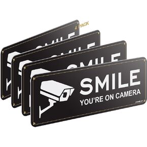 Smile Your on Camera Signs 4 Pack 9" x 3.1" Acrylic Camera Signs for Home Security, Include Adhesive Backing